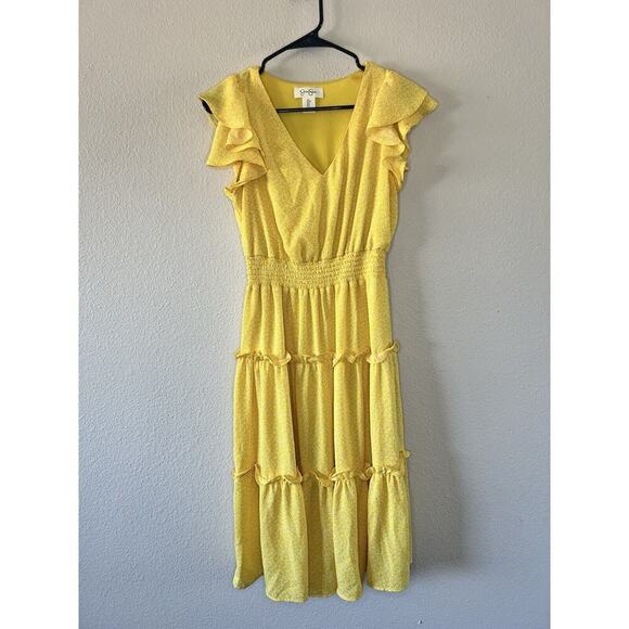 Jessica Simpson Yellow Ruffle Midi Dress Smocked Waist Tiered Feminine S - Picture 2 of 12